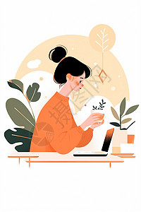 喝热水的女人坐在工位前喝热水的卡通女孩插画