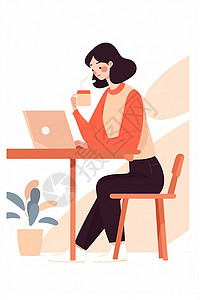 喝热水的女人扁平风时尚的卡通女孩坐在工位前认真工作插画