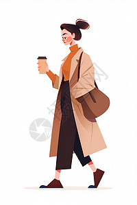 女人走路看手机穿着风衣端着走路的时尚卡通女人插画