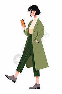 穿着绿色外套一边走路一边看手机的时尚卡通女人高清图片