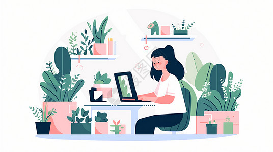 扁平风可爱的卡通女孩在满是植物的工位中办公背景图片