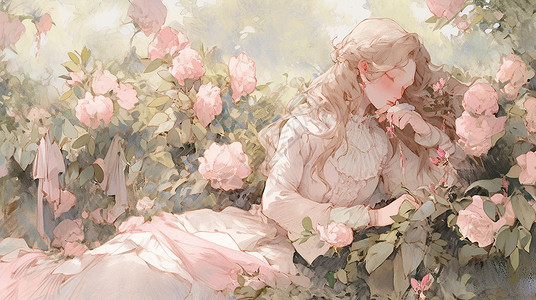 躺在粉色花丛中复古优雅的卡通长发女孩背景图片