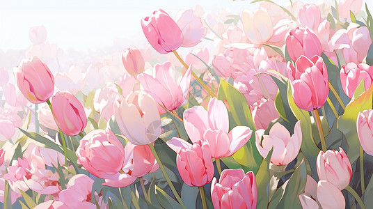 郁金香花园阳光下盛开的粉色卡通郁金香插画