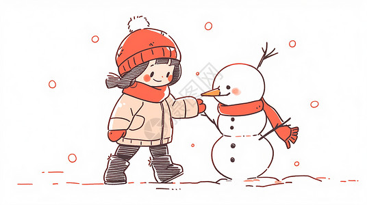 戴红色帽子可爱的卡通小女孩在堆雪人背景图片
