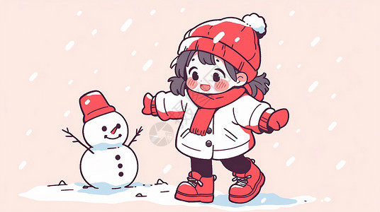 大雪中与小雪人一起玩耍的可爱卡通小女孩高清图片