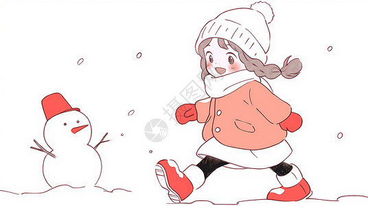 雪中的小女孩冬天大雪中与小雪人一起玩耍的可爱卡通小女孩插画