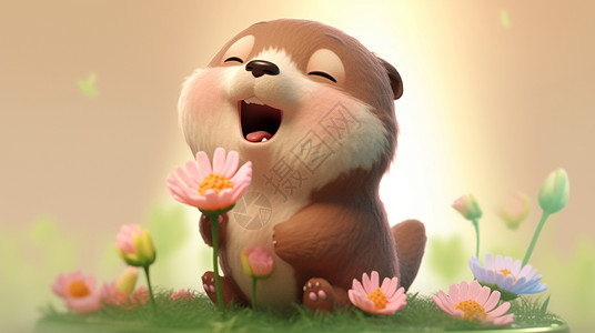 看着粉色花朵开心笑的可爱卡通土拔鼠插画