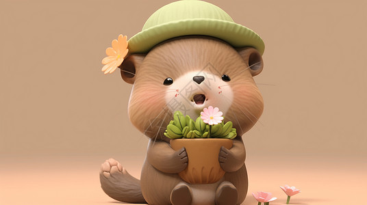 抱着花盆戴着绿色帽子立体可爱的卡通土拔鼠背景图片