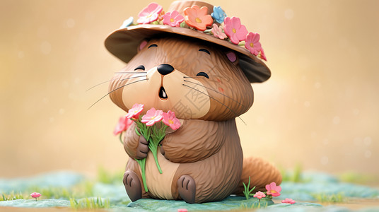头戴花朵帽子开心笑的立体卡通土拔鼠形象插画