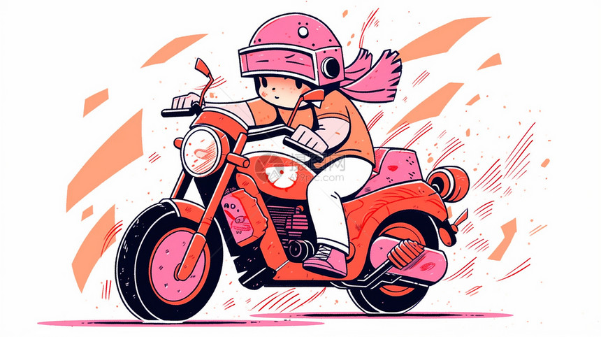 戴着粉色头盔骑摩托车的可爱卡通小男孩图片