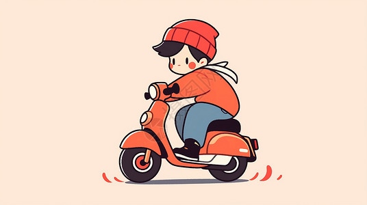戴着红色帽子骑摩托车的可爱卡通男孩背景图片