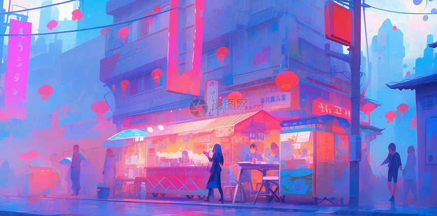 凌晨梦幻抽象的卡通城市街道蓝紫色调图片