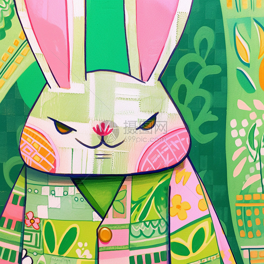 穿着绿色花外套可爱的卡通小兔子儿童插画图片