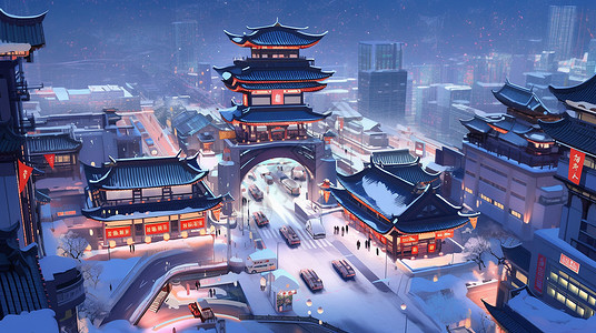 冬天夜晚雪后繁华的忙碌的卡通城市背景图片