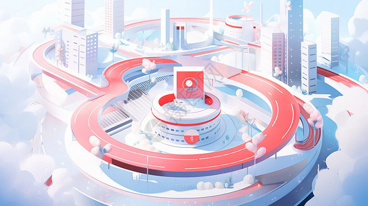 红色公路未来科技感的卡通城市背景图片