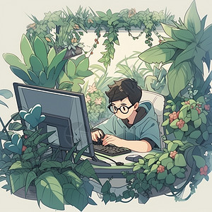 在电脑前认真工作的卡通大男孩背景图片