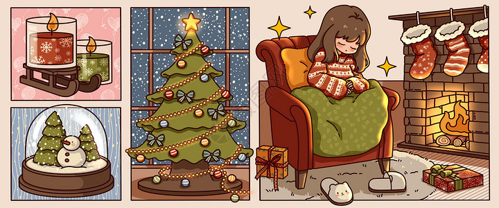 圣诞袜子素材温暖的圣诞之夜插画banner插画