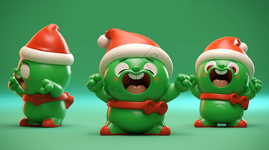 绿圣诞树戴着圣诞帽的立体可爱卡通小绿人形象多角度插画