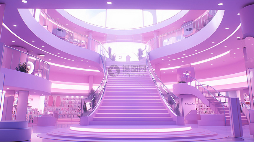 华丽的紫色调高贵的卡通大厅里一条楼梯图片