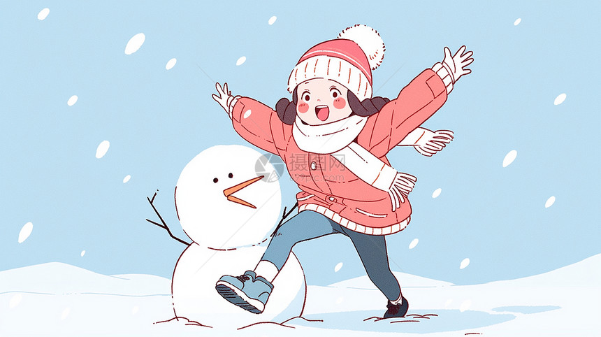 冬天大雪中与小雪人一起开心玩耍的可爱卡通小女孩图片