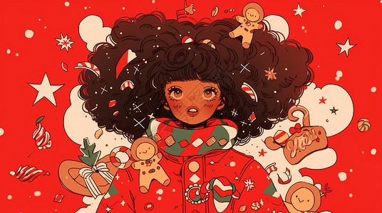 过圣诞节穿红色衣服的可爱卡通小女孩背景图片