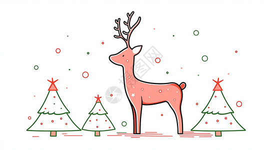 头上有角的可爱卡通小驯鹿站在圣诞树旁简笔画背景图片