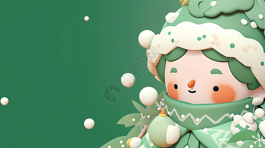 圣诞素材绿圣诞主题在绿色背景边上一个可爱的绿色调卡通人物插画