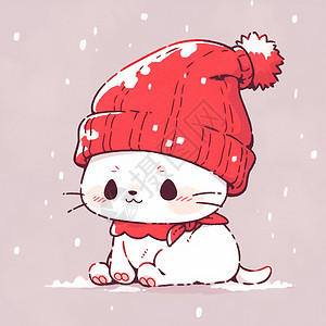 坐在雪地中戴着红色帽子的可爱卡通小猫背景图片