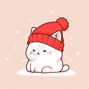 红色简约圣诞节大雪中戴着红色帽子肥胖可爱的卡通小猫插画
