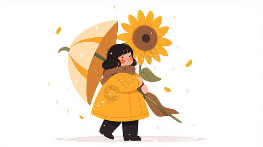 拿着雨伞的女孩穿着黄色外套拿着雨伞和向日葵的可爱卡通小女孩插画