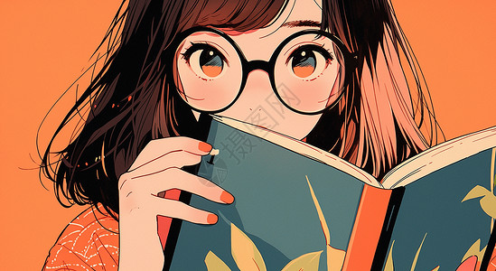 书框戴着黑框眼镜的卡通女孩在看绿色书皮的书插画