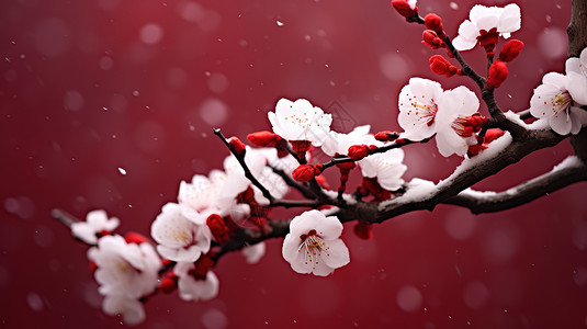 盛开的梅花红墙背景背景图片