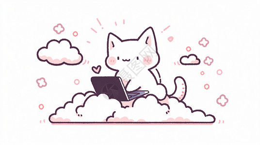 在云朵上打电脑的可爱卡通小白猫背景图片