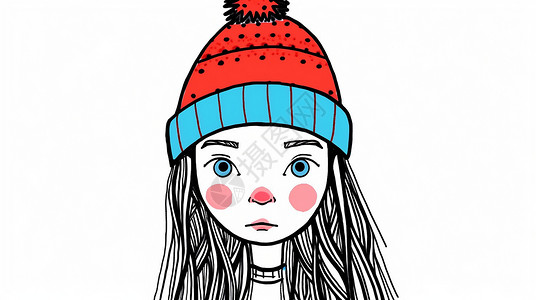 戴着红色毛线帽简约可爱的卡通女孩背景图片