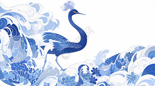 蓝色长脖子扁平古风漂亮的卡通孔雀背景图片
