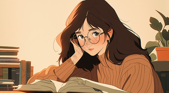 秋天写字框单手托着脸安静看书的小清新卡通女孩插画