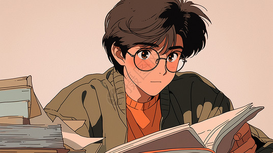 认真看书的男孩穿墨绿色针织衫认真看书的卡通男青年插画
