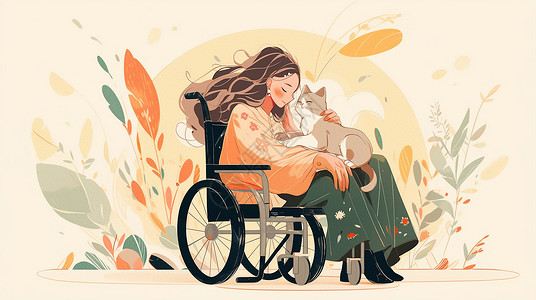 坐在轮椅上的长发卡通女孩腿上有一只卡通猫背景图片