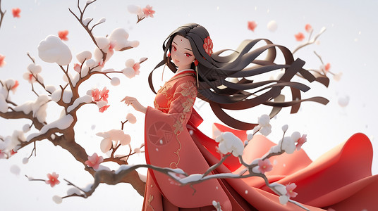 穿红色喜庆古风服装长发飘飘的卡通女孩在雪中赏梅花背景图片