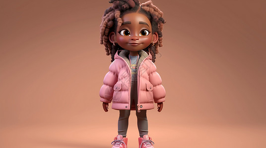 黑皮肤小女孩深色皮肤穿粉色外套的立体可爱卡通小女孩插画