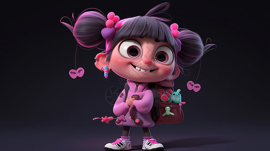 穿粉色外套扎丸子头的可爱大眼睛立体卡通小女孩背景图片