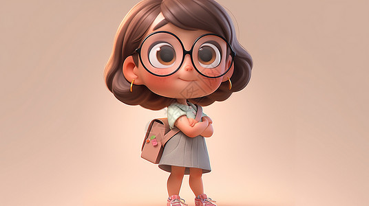 背着包戴着黑框眼镜的立体可爱卡通小女孩背景图片