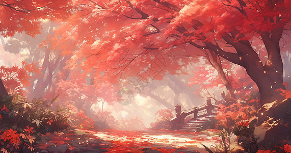 橙色梦幻的卡通古树与林间小路背景图片