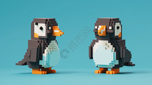 两只积木搭建的立体卡通小企鹅插画