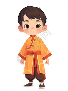 春节服装穿黄色古风服装大眼睛可爱的卡通小男孩插画