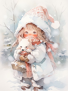 大雪中抱着宠物一起开心玩耍的可爱卡通小女孩高清图片