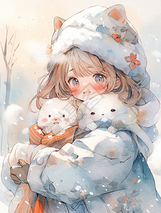 可爱的棕色短发卡通小女孩在大雪中抱着宠物高清图片