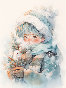 冬天大雪中抱着松树枝与小鸟的卡通小男孩背景图片
