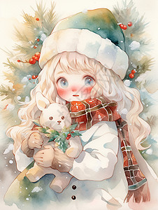 水彩圣诞节围着红格子围巾抱着玩具的可爱卡通小女孩插画