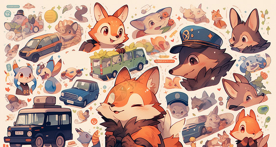 失落小狐狸表情可爱的卡通小狐狸造型与小汽车插画